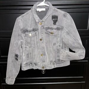 Generation K Women's Gray Cropped Distressed‎ Denim Jacket Size Large Button Up